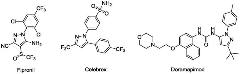 Structural formulas of Fipronil, Celebrex, and Doramapimod showing the importance of the pyrazole nucleus