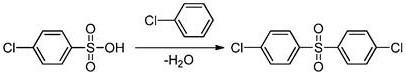 Reaction scheme illustrating the catalytic coupling of sulfonic acid with aryl halide to produce diaryl sulfone and water