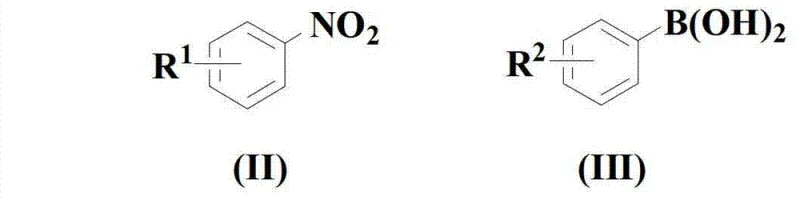 General reaction scheme showing the coupling of nitrobenzene compounds and phenylboronic acid compounds to form diarylaniline compounds
