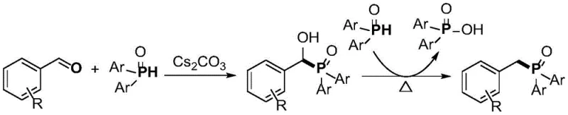Reaction mechanism showing benzaldehyde and diarylphosphine oxide coupling to form benzylphosphine oxide and diarylphosphinic acid byproduct