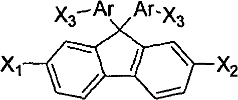 General chemical structure of 9,9-diarylfluorene intermediates showing variable substituents X1, X2, and Ar groups