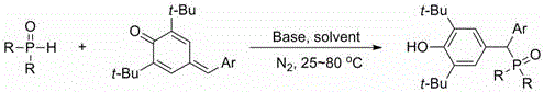 General reaction scheme showing the base-catalyzed 1,6-addition of P(O)-H compounds to quinone methide derivatives to form diarylmethyl phosphonates