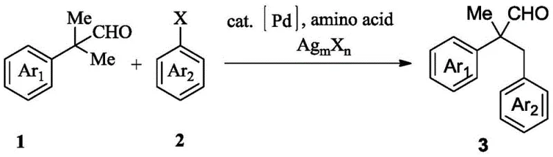 General reaction scheme for the synthesis of 2-methyl-2,3-diarylpropionaldehyde derivatives using Pd catalysis