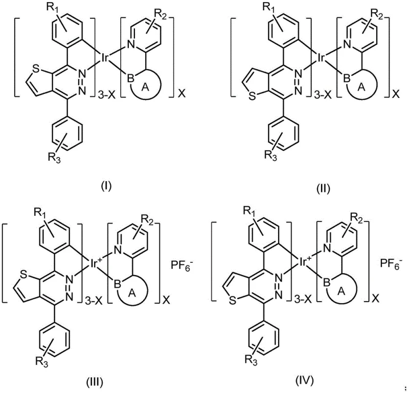 General structural formulas of 4,7-diarylthieno[2,3-d]pyridazine iridium complexes showing ionic and non-ionic variants