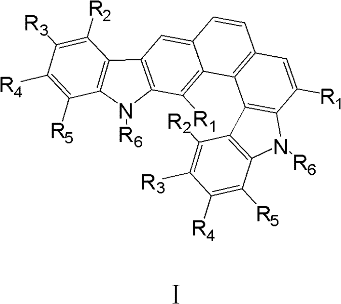 General structural formula of carbazole-based diaza[7]helicene compounds showing variable substituents R1-R6