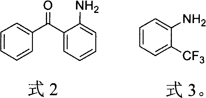 Chemical structures of conventional starting materials including o-aminobenzophenone derivatives and o-trifluoromethylaniline used in older synthesis methods
