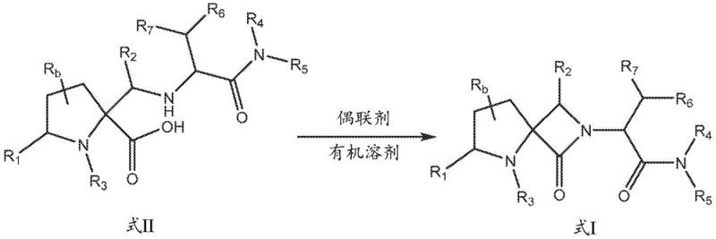 General reaction scheme showing conversion of Formula II to Formula I via coupling agent