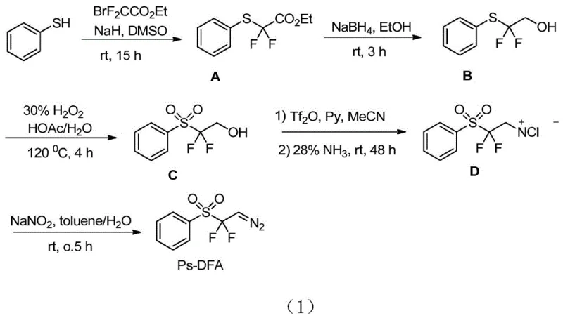 Synthetic route demonstrating five-step conversion from p-methylthiophenol through intermediates A B C D to Ps-DFA precursor using standard organic chemistry techniques