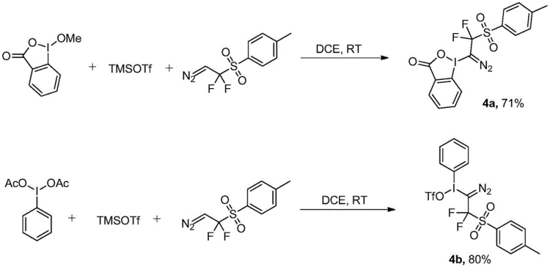 Synthetic pathways showing preparation of diazodifluoromethyl reagents derivatives using different hypervalent iodine precursors with TMSOTf