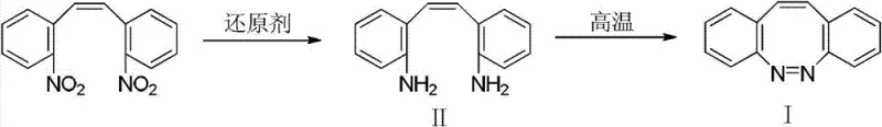 Reaction scheme showing the two-step synthesis of dibenzo[b,f][1,2]diazocine from 2,2'-dinitrostilbene via reduction and cyclization