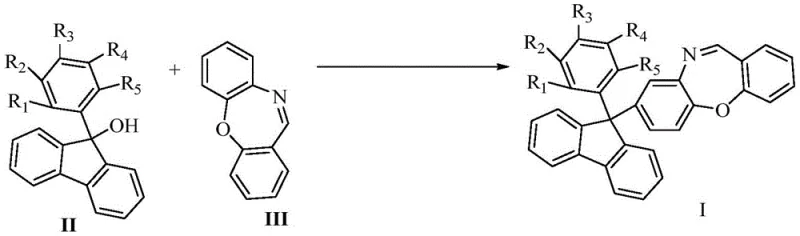 Novel acid-catalyzed synthesis route using TfOH showing simple mixing of Compound II and III