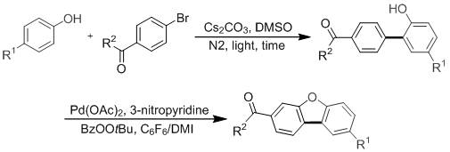 General reaction scheme showing visible light coupling followed by Pd-catalyzed cyclization to form dibenzofuran