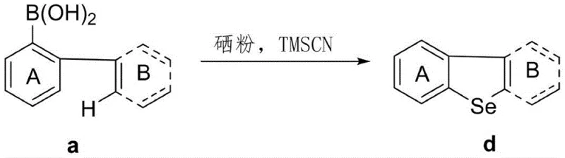 General reaction scheme showing TMSCN-catalyzed cyclization of biarylboronic acid with selenium powder to form dibenzoselenophene