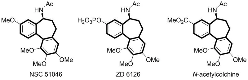 Chemical structures of Colchicine and its analogues NSC 51046 and ZD 6126 featuring the 6-7-6 core