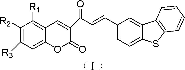 General chemical structure of dibenzothiophene chalcone containing coumarin skeleton showing variable substituents R1, R2, and R3
