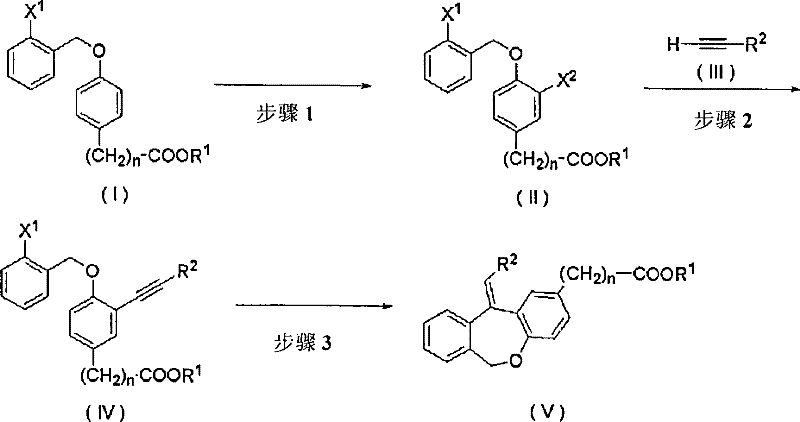 Three-step synthesis route showing halogenation, coupling, and cyclization to form dibenzoxepin derivative