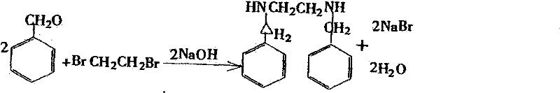 Reaction scheme showing Benzaldehyde and Ethylenediamine condensing to Schiff Base then Hydrogenation to Dibenzyl Ethylenediamine