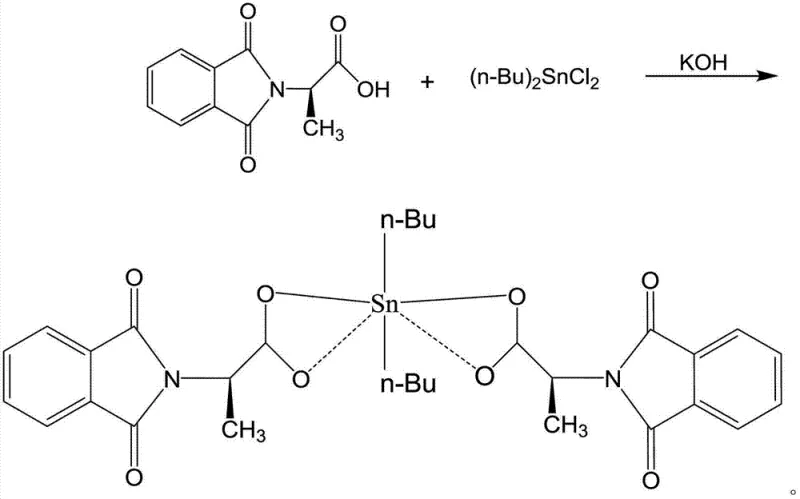 Reaction scheme showing the synthesis of the dibutyltin coordination compound from 2-phthalimidopropionic acid and dibutyltin dichloride