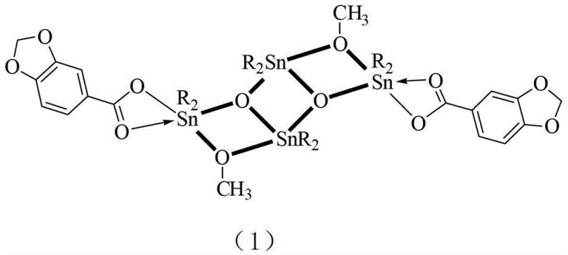 Chemical structure of ladder-structured dibutyltin piperonate showing the tetranuclear tin-oxygen cluster core
