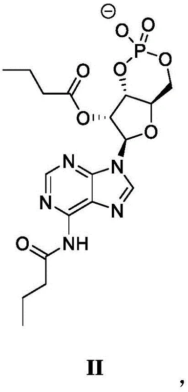 Chemical structure of the dibutyryl adenosine cyclophosphate anion (Formula II) showing the butyryl ester groups and cyclic phosphate moiety