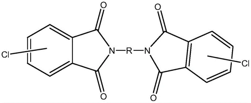 General structural formula of dichloro diphthalimide intermediate showing variable R group from diamine