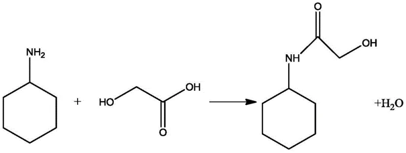 Chemical equation showing the formation of amide by-products when cyclohexylamine reacts with glycolic acid