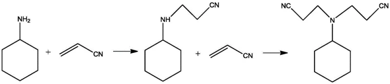 Main reaction equation for the two-step synthesis of dicyanoethyl cyclohexylamine from cyclohexylamine and acrylonitrile