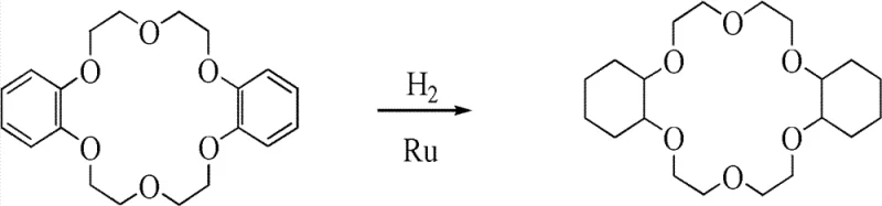 Chemical reaction scheme showing the catalytic hydrogenation of dibenzo-18-crown-6 to dicyclohexyl-18-crown-6 using nano-ruthenium catalyst
