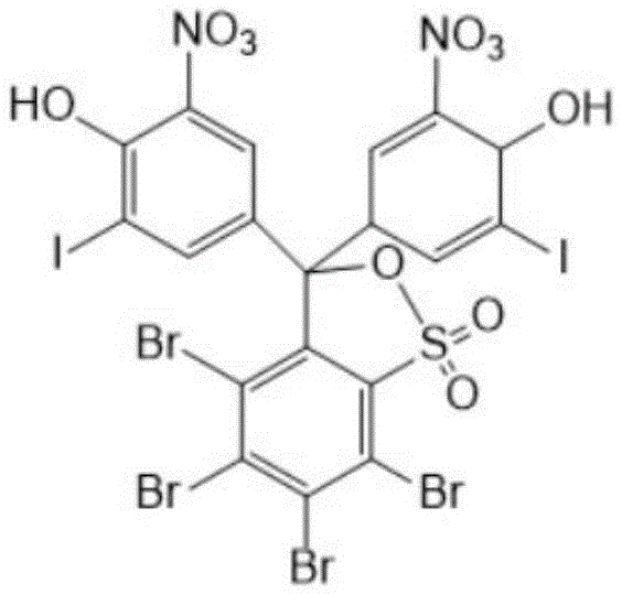 Chemical structure of DIDNTB showing the tetrabromo-diiodo-dinitro phenol sulfophthalein backbone