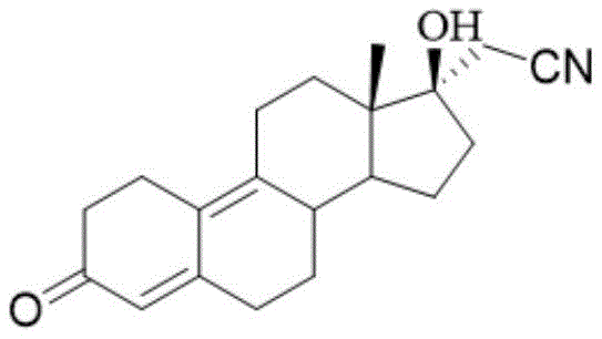 Chemical structure of Dienogest showing the 17 alpha-cyanomethyl-17 beta-hydroxy-13 beta-methylsterane-4,9-diene-3-one backbone