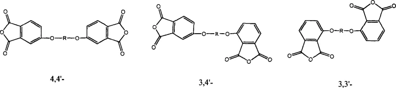 Isomeric structures of 4,4', 3,4', and 3,3' diether tetraacid dianhydrides