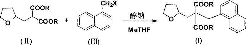 Reaction scheme showing the alkylation of tetrahydrofurfuryl malonate with 1-halogenated methyl naphthalene in MeTHF to form the target diester