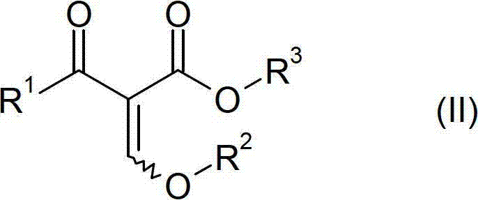 Chemical structure of Formula II showing the alkyl 2-alkoxymethylene-4,4-difluoro-3-oxobutyrate core structure with variable R groups