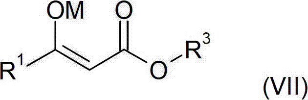 Reaction mechanism showing the formation of Enolate Formula VII from reactants IV, V, and VI