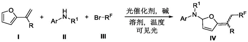 General reaction scheme showing visible light catalyzed three-component coupling