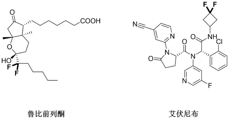 Chemical structures of Lubiprostone and Ivosidenib highlighting the importance of difluoroalkyl groups in pharmaceuticals