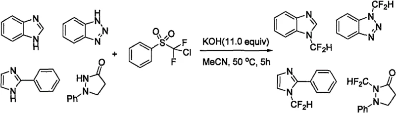 Chemical reaction scheme illustrating conventional difluoromethylation methods with harsh conditions including high temperature and expensive reagents