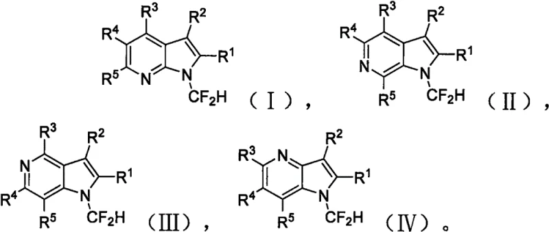 General structural formulas of N-difluoromethyl azaindole compounds showcasing diverse R-group substitutions for pharmaceutical applications