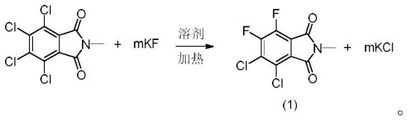 Reaction scheme showing N-methyltetrachlorophthalimide reacting with KF to form Difluorodichlorobenzimide