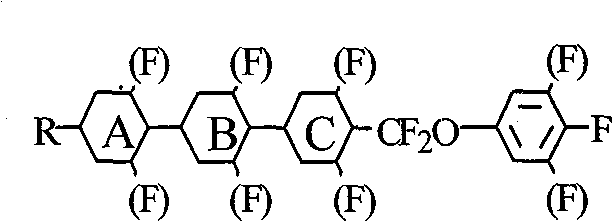 General chemical structure of difluoromethoxy bridge bond liquid crystal compounds showing rings A, B, C and the CF2O linkage