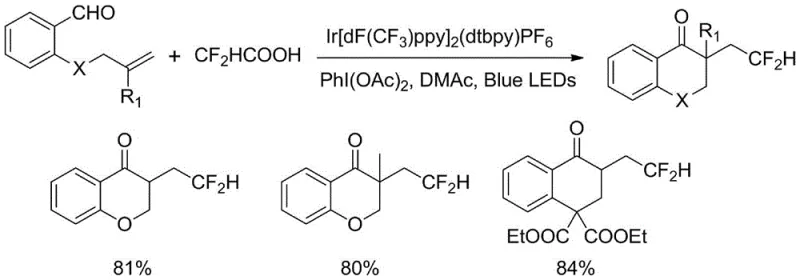 Previous art reaction using toxic difluoroacetic acid and complex iridium photocatalyst