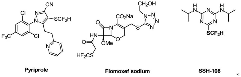 Examples of bioactive molecules containing the difluoromethylthio group such as Pyrriprole and Flomoxef sodium