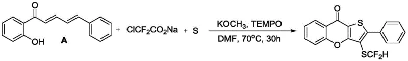 Reaction scheme for Example 1 showing the one-pot synthesis of difluoromethylthiochromonothiophene from chalcone derivative A