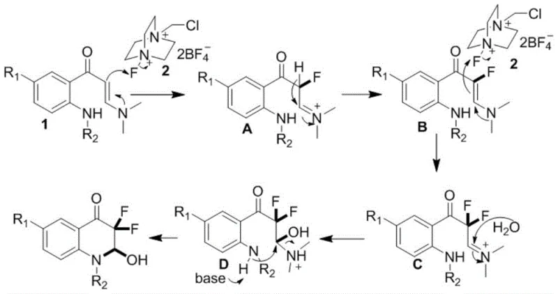 Detailed reaction mechanism showing the stepwise fluorination and cyclization pathway