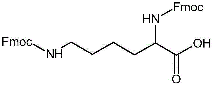Chemical structure of the novel symmetric DiFmoc-Lys (plus) linker showing identical arm lengths