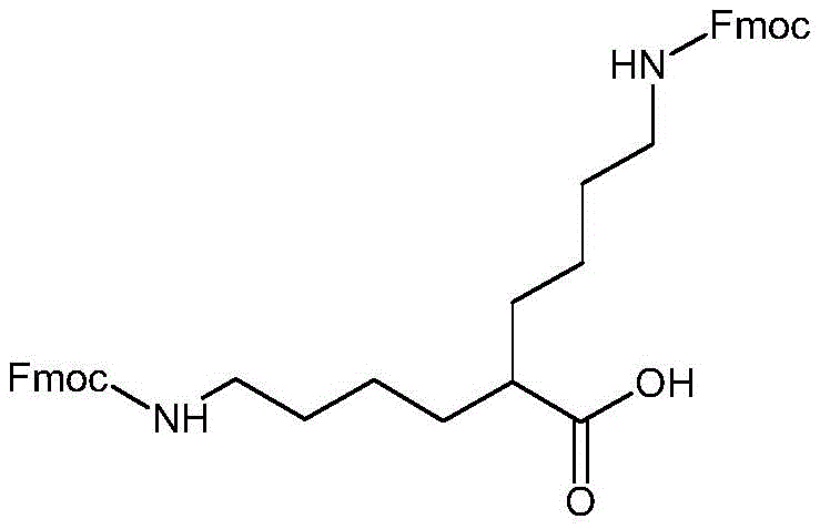 Chemical structure of DiFmoc-Lys(plus) showing symmetric butylamine arms