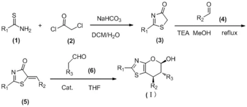 Synthetic scheme for deoxygenated dihydropyrano-thiazole derivatives involving a reduction step