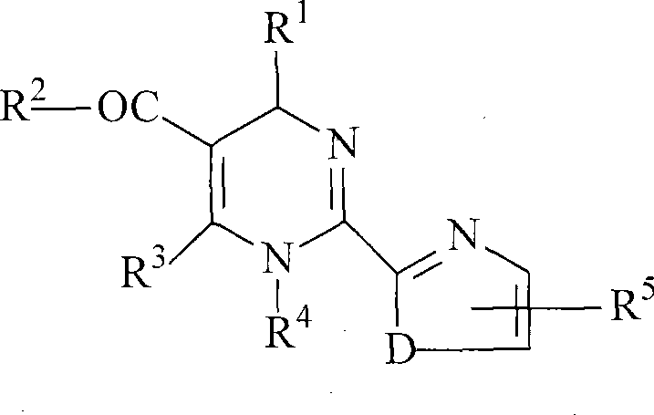 General structural formula of 2-heterocyclic substituted dihydropyrimidine racemic compounds showing variable substituents R1 to R5