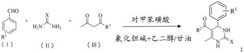 General reaction scheme of dihydropyrimidinone synthesis using benzaldehyde, urea, and beta-keto ester in DES solvent