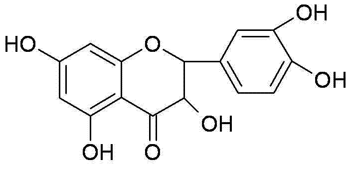 Chemical structure of Dihydroquercetin (Taxifolin) showing the flavanonol backbone with multiple hydroxyl groups
